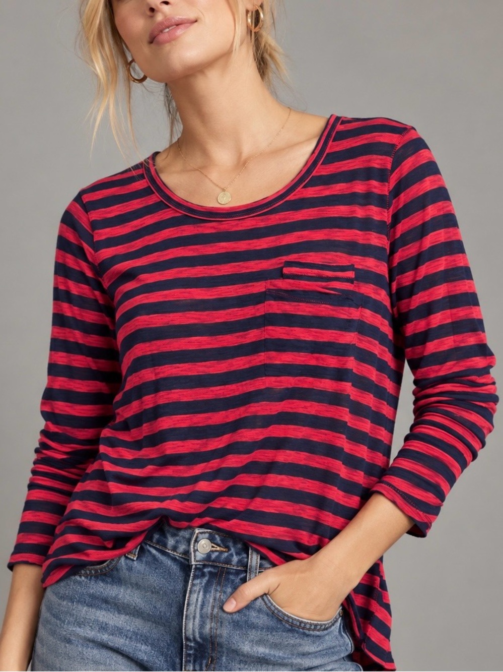 Anthropologie Postmark Red Navy Blue Striped Long Sleeve Tee Cotton Blend Size M
